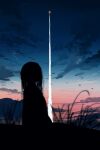  1girl absurdres blurry blurry_foreground cloud gracile gradient_sky grass highres long_hair original outdoors rocket scenery silhouette sky solo twilight 