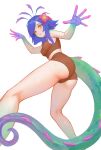  1girl ass bare_arms bare_legs bare_shoulders blue_hair blush breasts brown_shirt brown_shorts chameleon_girl chameleon_tail colored_skin feet_out_of_frame flower from_below green_skin hair_flower hair_ornament highres league_of_legends lizard_tail long_hair looking_at_viewer medium_breasts multicolored_skin neeko_(league_of_legends) pink_flower purple_skin reptile_girl shchrit shirt short_shorts shorts simple_background solo tail white_background yellow_eyes 