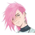  1girl bangs character_name closed_mouth ear_piercing earrings grey_eyes jewelry league_of_legends looking_at_viewer neck_tattoo piercing pink_hair portrait short_hair smile solo tattoo vi_(league_of_legends) wuzeirou 