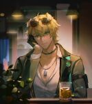  1boy absurdres alcohol animal_ears arknights black_gloves black_jacket blonde_hair blurry blurry_background ceiling_light closed_mouth commentary cup dog_boy dog_ears drinking_glass eyewear_on_head gloves green_eyes half_gloves hand_on_own_cheek hand_on_own_face head_rest highres indoors jacket jewelry long_sleeves looking_at_viewer male_focus necklace open_clothes open_jacket partially_unbuttoned riziw shirt short_hair smile solo sunglasses tequila_(arknights) upper_body white_shirt 