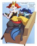  2022 absurd_res anthro blush braixen brit_(joaoppereiraus) butt clothing dialogue digital_media_(artwork) duo english_text eyebrows eyelashes fangs female female_penetrated fingers furniture gammainks generation_6_pokemon hi_res holding_object male male/female male_penetrating male_penetrating_female nintendo open_mouth penetration pokemon pokemon_(species) sex simple_background sofa text tongue tongue_out video_games 