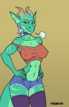  2022 abs anthro breasts breath_cloud clothed clothing female green_body horn markings muscular muscular_female nipple_outline paranoiya scalie signature simple_background slim solo spikes spikes_(anatomy) 