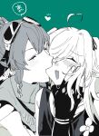  2girls ahoge arknights ban_syou biting blush cheek_biting closed_eyes commentary fang fingerless_gloves gavial_(arknights) gloves goggles goggles_on_head green_background greyscale_with_colored_background hand_on_another&#039;s_face heart heart_ahoge highres long_hair multiple_girls open_mouth pointy_ears simple_background sweat tomimi_(arknights) upper_body yuri 