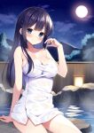  1girl bangs bare_arms bare_shoulders black_hair blue_eyes blush braid breasts cleavage closed_mouth cloud collarbone commentary_request fence full_moon hand_up lantern long_hair looking_at_viewer makinohara_shouko mauve medium_breasts moon naked_towel night night_sky onsen outdoors seishun_buta_yarou sky smile solo star_(sky) starry_sky towel very_long_hair water 