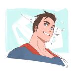  1boy alaylays black_hair blue_background blue_eyes clark_kent dc_comics hair_slicked_back highres male_focus my_adventures_with_superman smile superman superman_(series) upper_body 