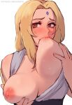  1girl blonde_hair blush breast_sucking breasts breasts_out brown_eyes eerisyn facial_mark forehead_mark grey_shirt highres lactation large_breasts long_hair looking_at_viewer naruto naruto_(series) nipples no_bra nose_blush self_breast_sucking shirt sleeveless sleeveless_shirt solo tsunade_(naruto) unaligned_breasts upper_body 