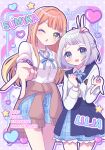  2girls :o ;o blue_overskirt blue_ribbon blue_skirt blush brown_cardigan cardigan cardigan_around_waist character_name clothes_around_waist commentary fingernails gakuen_idolmaster grey_hair gyaru gyaru_v hand_on_another's_head hashtag hatsuboshi_gakuen_school_uniform heart idolmaster jacket katsuragi_lilja kogal koyoshi_yoko long_hair looking_at_viewer loose_neck_ribbon mole mole_under_eye multiple_girls nail_polish neck_ribbon one_eye_closed orange_hair pleated_skirt ribbon school_uniform scrunchie shirt shiun_sumika short_hair skirt straight_hair symbol-only_commentary v very_long_hair w white_jacket white_shirt wrist_scrunchie 