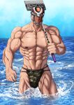  1boy abs absurdres algernon_(housamo) bara biceps broom camouflage covered_face feet_out_of_frame glowing glowing_eyes helmet highres holding holding_broom large_pectorals looking_to_the_side male_focus male_underwear manboobs manly mature_male muscular muscular_male navel nipples no_pants ocean pectorals sky solo thick_arms thick_thighs thighs tokyo_afterschool_summoners topless_male underwear uzura_(dekoi683) veins veiny_arms water 