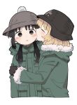  2girls biting black_gloves black_hair black_hat blonde_hair blush brown_eyes cheek_biting chito_(shoujo_shuumatsu_ryokou) closed_eyes commentary fur-trimmed_jacket fur_trim gloves green_jacket grey_hat hat helmet highres hood hooded_jacket jacket long_hair long_sleeves multiple_girls nuko_(shoujo_shuumatsu_ryokou) parted_lips shoujo_shuumatsu_ryokou simple_background sweatdrop twintails white_background yoyohachi yuri yuuri_(shoujo_shuumatsu_ryokou) 
