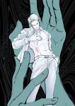  1boy abs belt closed_eyes commentary_request disembodied_limb hand_in_pocket highres jujutsu_kaisen kimsatgat korean_commentary male_focus muscular muscular_male nanami_kento open_clothes open_shirt pants pectorals shirt solo 