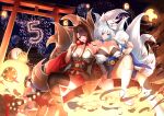  &gt;_&lt; absurdres aerial_fireworks akagi_(azur_lane) animal_ears architecture azur_lane bare_shoulders blue_ribbon blue_skirt breasts brown_hair brown_kimono brown_tail brown_thighhighs candy_apple cleavage cotton_candy drum drumsticks east_asian_architecture fireworks food fox_ears fox_girl fox_mask fox_tail highres holding holding_drumsticks instrument japanese_clothes kaga_(azur_lane) kimono kitsune kyuubi lantern large_breasts large_tail long_hair looking_at_viewer magic manjuu_(azur_lane) mask mask_on_head metal_belt miniskirt multiple_tails myria_(7855) neck_ribbon open_mouth outdoors paper_lantern print_kimono red_eyes red_ribbon red_skirt ribbon sakuramon short_hair skirt smile socks taiko_drum tail teeth thighhighs thighs torii upper_teeth white_hair white_kimono white_socks white_tail 