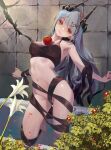  1girl absurdres apple arched_back arknights armpits bangs bare_shoulders barefoot bathtub black_ribbon bottomless breasts closed_mouth cracked_wall flower food fruit grey_hair head_tilt highres horns indoors leaning_back leg_up long_hair looking_at_viewer medium_breasts mudrock_(arknights) mudrock_(silent_night)_(arknights) nekobell official_alternate_costume red_eyes ribbon solo very_long_hair water white_flower 