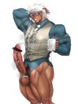  1boy ace_attorney arm_behind_head bar_censor bara beard black_hair blush censored coffee_mug cum cum_on_body cum_on_clothes cup ear_piercing earrings erection facial_hair feet_out_of_frame godot_(ace_attorney) hairy highres huge_penis jewelry kuromine_hiraya long_sleeves looking_at_viewer male_focus manly mature_male mug muscular muscular_male necktie penis phoenix_wright:_ace_attorney_-_trials_and_tribulations piercing pubic_hair shirt short_hair simple_background smirk solo spiked_hair steam steaming_body sweat sweatdrop tan teeth testicles thick_arms thick_thighs thighs white_background white_hair 