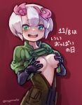  1girl black_gloves blush breasts breasts_out brown_jumpsuit commentary_request covering_nipples cowboy_shot cropped_jacket date_pun elbow_gloves gloves good_breasts_day green_eyes green_jacket grey_hair hands_up jacket jumpsuit kingjoshuaart looking_at_viewer made_in_abyss medium_breasts multicolored_hair number_pun open_jumpsuit open_mouth red_background red_hair shadow short_hair short_sleeves sketch smile solo streaked_hair tepaste translation_request twitter_username 