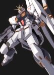  absurdres beam_rifle black_background char&#039;s_counterattack clenched_hand energy_gun fin_funnels foot_out_of_frame from_below green_eyes gundam highres insignia mecha mobile_suit no_humans nu_gundam robot science_fiction shield simple_background solo takahashi_masaki v-fin weapon 