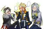  3boys anger_vein axel_syrios belt black_gloves black_hair black_jacket black_pants black_shirt blonde_hair bororodon can crossed_legs fur_trim glasses gloves grey_hair hair_behind_ear highres holding holostars holostars_english jacket long_hair male_focus multicolored_hair multiple_boys noir_vesper pants red_hair rpr scarz shirt short_hair smile streaked_hair virtual_youtuber white_belt 