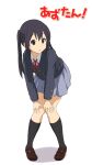  1girl bangs black_hair black_socks blazer blue_jacket brown_eyes brown_footwear collared_shirt commentary_request copyright_name full_body grey_skirt hands_on_own_knees highres hirondo jacket k-on! kneehighs loafers long_hair long_sleeves nakano_azusa neck_ribbon ribbon sakuragaoka_high_school_uniform school_uniform shirt shoes sidelocks skirt socks solo standing translation_request twintails white_shirt 