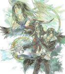  1boy 2girls arms_up belt belt_buckle black_gloves black_hair black_jacket black_pants black_wings blue_eyes brown_belt brown_hair buckle chain chain_necklace claws coat commentary_request cropped_jacket dated_commentary detached_sleeves facial_mark feathered_wings final_fantasy final_fantasy_viii fur-trimmed_jacket fur_trim gears gloves grey_eyes gunblade hand_on_own_chest hands_up hinokami holding holding_weapon horns jacket jewelry light_smile long_hair long_sleeves looking_to_the_side looking_up multiple_belts multiple_girls necklace open_clothes open_jacket outstretched_arms pants parted_lips pendant purple_gloves red_coat rinoa_heartilly scar scar_on_face serious shirt short_hair sleeveless_duster squall_leonhart studded_belt thigh_strap ultimecia upper_body v-neck very_long_hair waist_cape weapon white_fur white_hair white_shirt white_wings wings 