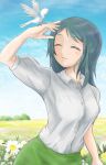  1girl arm_up bird bird_on_hand black_hair blue_sky blush breasts closed_eyes day facing_animal field flower green_skirt highres indie_virtual_youtuber long_hair medium_breasts nanamu_(7mural) outdoors parakeet shirt short_sleeves skirt sky solo standing sumi_suya white_shirt 