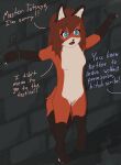  anthro bdsm blue_eyes blue_outfit bondage bound brown_hair canid canine chain chained cuff_(restraint) dungeon english_text female fox fur hair hi_res lleoraum mammal nude orange_body orange_fur red_fox restraints shackles solo standing text white_body white_fur yuiyue_(lleoraum) 