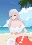  1girl absurdres arknights bare_shoulders beach bikini blue_sky breasts cleavage cloud collarbone day earrings grey_hair hat hat_removed headwear_removed highres inflatable_orca inflatable_toy jewelry large_breasts long_hair looking_at_viewer ocean off-shoulder_bikini off_shoulder orca_earrings outdoors parted_lips red_eyes sitting skadi_(arknights) sky slu_w smile sun_hat swimsuit white_bikini white_headwear 