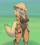  anthro arcanine areola black_areola black_body black_fur black_nipples breasts canid canine dialogue female fluffy fur generation_1_pokemon genitals green_eyes hi_res mammal medium_breasts nintendo nipples nude orange_body orange_fur pokemon pokemon_(species) pussy schmutzo solo video_games 