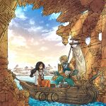  1boy 1girl aqua_pants aqua_vest aqua_wrist_cuffs bare_shoulders barrel black_choker blonde_hair blue_ribbon boat bodysuit breasts brown_gloves choker cropped_vest crystal final_fantasy final_fantasy_ix garnet_til_alexandros_xvii gloves grey_gloves hair_tie hand_in_own_hair highres jewelry juliet_sleeves long_hair long_sleeves low-tied_long_hair low_ponytail medium_breasts monkey_tail neck_ribbon neckerchief orange_bodysuit pants parted_bangs pendant puffy_sleeves ribbon ruins shirt short_hair_with_long_locks sitting sleeveless sleeveless_shirt tail thigh_strap toriga vest watercraft white_neckerchief white_shirt zidane_tribal 