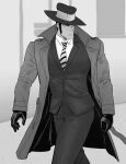  1boy arsene_lupin_iii chin coat collared_coat feet_out_of_frame gloves hat highres kon_likes_corn long_sideburns looking_at_another lupin_iii male_focus manly mature_male monochrome muscular muscular_male necktie open_clothes open_coat pants pectorals shirt sideburns simple_background solo walking 
