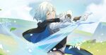  1girl artist_logo bangs blue_hair cape closed_eyes commentary darkcatowo eula_(genshin_impact) genshin_impact gloves greatsword highres holding holding_weapon long_sleeves parted_lips short_hair snowflakes solo two-sided_cape two-sided_fabric weapon white_gloves 