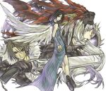  1boy 2girls bike_shorts black_footwear black_fur black_gloves black_hair black_jacket black_shorts blue_eyes boots brown_hair commentary_request dated_commentary detached_sleeves facial_mark feathered_wings final_fantasy final_fantasy_viii fur-trimmed_jacket fur_trim gloves griever gunblade hair_over_shoulder hair_slicked_back hand_up hinokami holding holding_weapon jacket light_smile lion long_hair long_sleeves looking_back multiple_girls open_clothes open_jacket red_lips rinoa_heartilly scar scar_on_face serious shirt short_hair shorts sleeveless_duster squall_leonhart ultimecia weapon white_hair white_shirt white_wings wings 