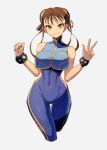  1girl bangs blue_unitard breasts brown_hair bun_cover chinese_clothes chun-li closed_mouth covered_navel cropped_legs double_bun hair_bun highres jewelry kuroi_susumu looking_at_viewer official_alternate_costume smile solo street_fighter street_fighter_zero_(series) studded_bracelet unitard v vest 