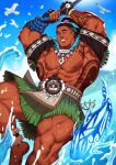  1boy abs artist_logo artist_name bara barefoot bird black_hair dark-skinned_male dark_skin fingerless_gloves fish gloves green_eyes highres large_pectorals legband loincloth looking_at_viewer male_focus manly mature_male maui_(smite) muscular muscular_male nipples ocean outdoors pectorals pony rope short_hair skirt sky smite solo tattoo teeth thick_arms thick_eyebrows thick_thighs thighs undercut water xelgot 