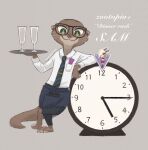  2022 antelope arm_support artist_name barefoot bovid bovine champagne_glass clock clothed clothing container cup cute_expression digital_drawing_(artwork) digital_media_(artwork) disney english_text eyewear feet gazelle_(zootopia) glasses green_eyes hi_res holding_object leaning_on_elbow leaning_on_object lutrine mammal mochicco mustelid necktie sam_(zootopia+) signature simple_background smile text ticket tie_clip tray waiter zootopia 