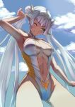  1girl arm_up armpits bangs bare_shoulders blue_sky blush breasts britomart_(fate) center_opening cleavage double_bun fate/grand_order fate_(series) gold_trim green_eyes grey_hair hair_bun hairband highleg highleg_swimsuit highres inugami86 large_breasts long_hair looking_to_the_side navel o-ring one-piece_swimsuit pointy_ears sky swimsuit thighs twintails two-tone_swimsuit very_long_hair wading wet white_one-piece_swimsuit yellow_one-piece_swimsuit 