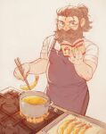  1boy apron asd4486 bara beard belly bespectacled book chopsticks cooking cooking_pot dungeon_meshi dwarf facial_hair glasses high_ponytail highres holding holding_book holding_chopsticks long_beard looking_at_viewer male_focus mature_eyes mustache plump senshi_(dungeon_meshi) solo sparse_arm_hair standing stove thick_mustache very_long_beard 