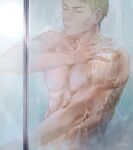  1boy blonde_hair closed_eyes english_commentary highres jujutsu_kaisen male_focus muscular muscular_male nanami_kento oretsuu short_hair showering soap solo topless_male upper_body wet wet_hair 