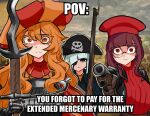  3girls aiming_at_viewer armor bangs blonde_hair blunt_bangs breastplate centurii-chan_(artist) chainmail colored_eyelashes commentary english_commentary english_text gun hat highres holding holding_gun holding_sword holding_weapon image_macro_(meme) long_hair meme monocle multiple_girls orange_eyes original pirate_hat red_eyes short_hair sidelocks skull_and_crossbones sword weapon white_hair zweihander 