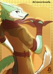  absurd_res anthro black_markings bottomwear clothed clothing coat cosmic_noodle digital_media_(artwork) fur furgonomics gesture gloves green_body green_fur hand_on_hip handwear hi_res looking_at_viewer male markings multicolored_body multicolored_fur pants pointing pointing_at_self scarf sergal shaded simple_background smile solo teeth teeth_showing topwear white_body white_fur yellow_eyes yellow_markings 