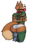 2020 5_fingers anthro arms_tied arms_tied_behind_back ball_gag bdsm big_gag biped bodily_fluids bondage bottomwear bound brown_body brown_fur butt canid canine canis claws clothing digital_media_(artwork) dipstick_tail disembodied_hand drooling duo fingers fluffy fluffy_tail fox fox_mccloud fur gag gagged green_bottomwear green_clothing green_eyes green_pants green_shirt green_topwear hicanyoumooforme kerchief looking_back male mammal markings neckerchief nintendo pants rear_view red_claws red_gag red_kerchief red_neckerchief saliva sharp_teeth shirt simple_background solo_focus star_fox sweat tail tail_markings teeth thick_thighs tight_underwear topwear underwear white_background white_clothing white_underwear wide_hips wolf wolf_o&#039;donnell