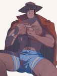  1boy abs arsene_lupin_iii bara blush boxer_briefs bulge chopsticks closed_eyes coat cup_ramen eating hairy hat highres holding holding_chopsticks kon_likes_corn long_sideburns lupin_iii male_focus male_underwear manly mature_male muscular muscular_male nipples no_pants no_shirt open_clothes open_coat pectorals sideburns simple_background sitting solo spread_legs teeth thick_eyebrows thick_thighs thighs underwear watch white_background 