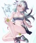  1girl absurdres alternate_costume animal_ears arknights ball bangs bare_arms bare_legs bare_shoulders black_skirt black_socks breasts cleavage closed_mouth collarbone green_eyes grey_footwear grey_hair head_tilt highres holding holding_ball knee_up lappland_(arknights) large_breasts long_hair looking_at_viewer miniskirt nekobell oripathy_lesion_(arknights) scar scar_across_eye scar_on_face shoes sitting skirt sneakers socks solo sports_bra tennis_ball very_long_hair wolf_ears 