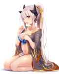  1girl beach bikini blue_bikini bow bow_bikini dragon_horns dress fate/grand_order fate_(series) frilled_bikini frills highres horns kiyohime_(fate) kiyohime_(swimsuit_lancer)_(fate) kiyohime_(swimsuit_lancer)_(third_ascension)_(fate) long_hair looking_at_viewer ponytail red_eyes see-through see-through_dress sen_(astronomy) smile solo swimsuit white_hair yellow_bow 