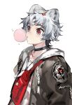  1boy animal_ears arknights bag bear_boy bear_ears bishounen blush chewing_gum choker grey_hair highres infection_monitor_(arknights) jacket male_focus qanipalaat_(arknights) red_eyes short_hair simple_background solo upper_body white_background yyb 