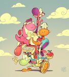 4_fingers absurd_res anthro biped clothing cloud countershade_neck countershade_tail countershade_torso countershading cyan_yoshi fingers footwear gesture gloves green_body green_yoshi group hand_gesture handwear hi_res ibrah_(artist) male mario_bros nintendo open_mouth open_smile orange_body orange_yoshi pink_body pink_yoshi purple_body purple_yoshi red_body red_yoshi scalie shoes smile tail tongue tongue_out v_sign yoshi