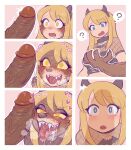  anthro blonde_hair blue_eyes blush bodily_fluids brown_body brown_fur c-3matome canid canine canis comic drooling duo female fur genitals glowing glowing_eyes hair half-closed_eyes hi_res long_hair male male/female mammal narrowed_eyes penis saliva smile species_transformation spiral_eyes teeth tongue tongue_out transformation uncensored vein veiny_penis wolf yellow_eyes yellow_sclera 