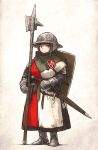  1girl armor belt boots brown_hair chainmail full_body gambeson gauntlets gloves greaves halberd helmet highres holding holding_weapon kettle_helm medieval original polearm scabbard sheath shield solo standing sword vanishlily weapon 