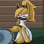  1:1 anthro blush canid canine canis clothing dress eyes_closed female fur genitals grass hi_res idw_publishing lawealewd mammal plant presenting pussy sega smile solo sonic_the_hedgehog_(comics) sonic_the_hedgehog_(idw) sonic_the_hedgehog_(series) water whisper_the_wolf whispering white_body white_fur wolf yellow_body yellow_fur 