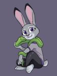 anthro clothed clothing digital_media_(artwork) dipstick_ears disney duo feral fully_clothed fur grey_body grey_fur judy_hopps lagomorph leporid looking_at_viewer mammal multicolored_ears purple_eyes rabbit reptile scalie simple_background smile snake theblueberrycarrots waffle_(theblueberrycarrots) zootopia 