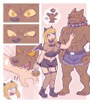  abs anthro big_breasts bite black_bottomwear black_clothing black_footwear black_shorts blonde_hair blue_eyes boots bottomwear breasts brown_body brown_fur c-3matome canid canine canis cleavage clothed clothing collar comic duo female fishnet fishnet_legwear footwear fur hair halloween halloween_costume hi_res holidays human legwear long_hair male male/female mammal navel pecs shorts spiked_collar spikes teeth thigh_highs wolf yellow_sclera 