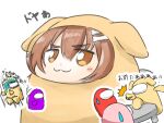  1girl :3 accusations among_us animal_ears astronaut bone_hair_ornament brown_hair commentary_request crewmate_(among_us) dog_ears dog_girl hair_flaps hair_ornament helmet highres hololive index_finger_raised inugami_korone pink_(among_us) pointing red_(among_us) scared simple_background solo_focus space_helmet spacesuit sweatdrop table taku7326 translation_request v-shaped_eyebrows white_background yellow_(among_us) yellow_eyes 